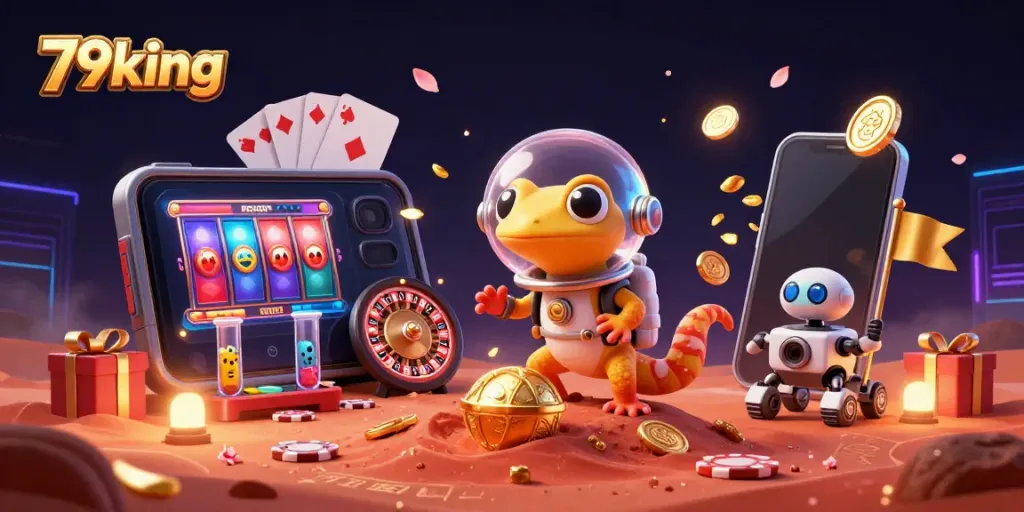 Engage in the thrilling world of 79king with a Martian gecko uncovering a golden casino