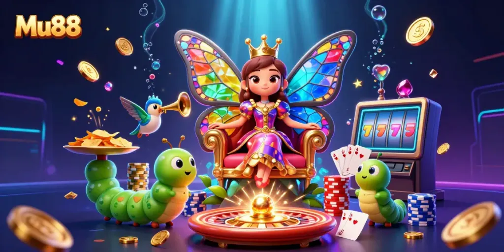 Experience excitement and rewards at Mu88 as vibrant casino characters engage in a colorful gaming realm.