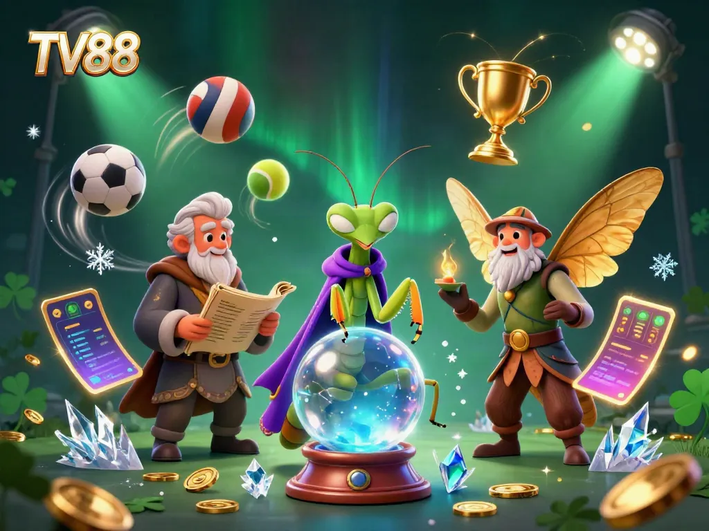 TV88 sports betting scene with a fortune teller, librarian, and oracles amidst vibrant gambling elements.