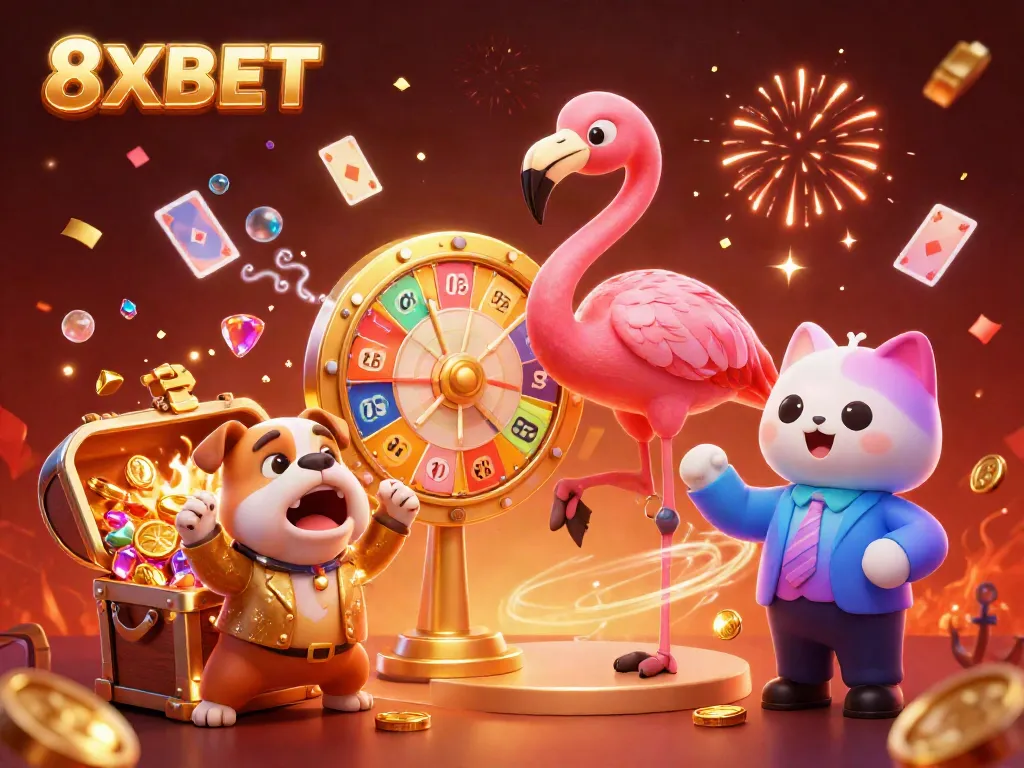 Experience the thrill of gaming at 8XBET with colorful prizes and exciting casino elements in this vibrant illustration.