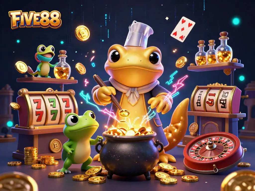 FIVE88 players winning big with vibrant golden casino assets and enchanting elements.