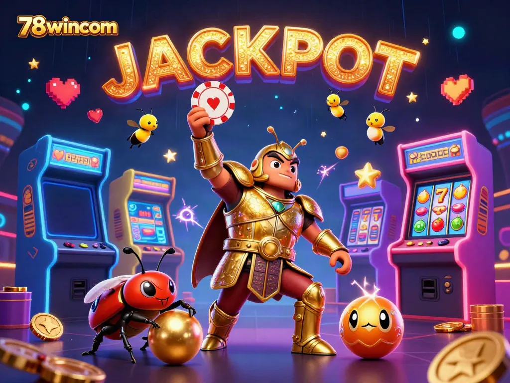 Experience a thrilling jackpot moment with 78wincom in a dynamic 3D casino illustration, featuring heroic characters.