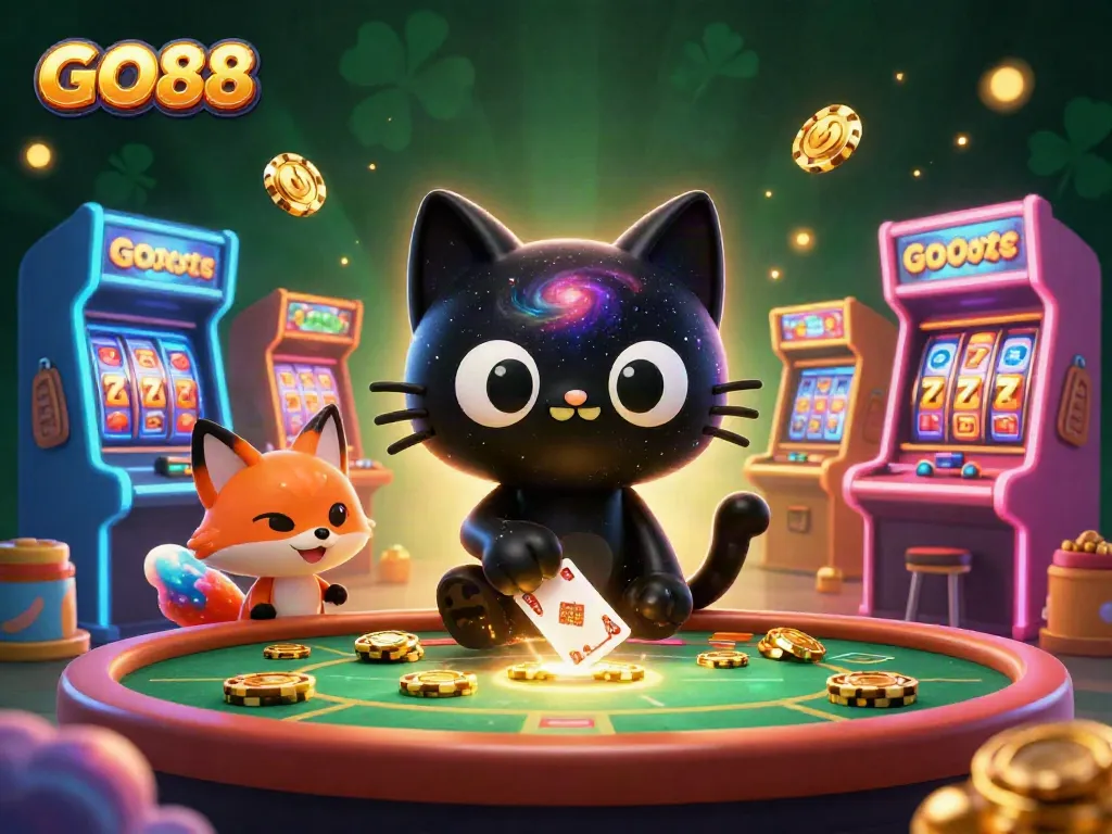 Engage with GO88 at a vibrant cosmic casino table filled with golden chips and colorful characters.