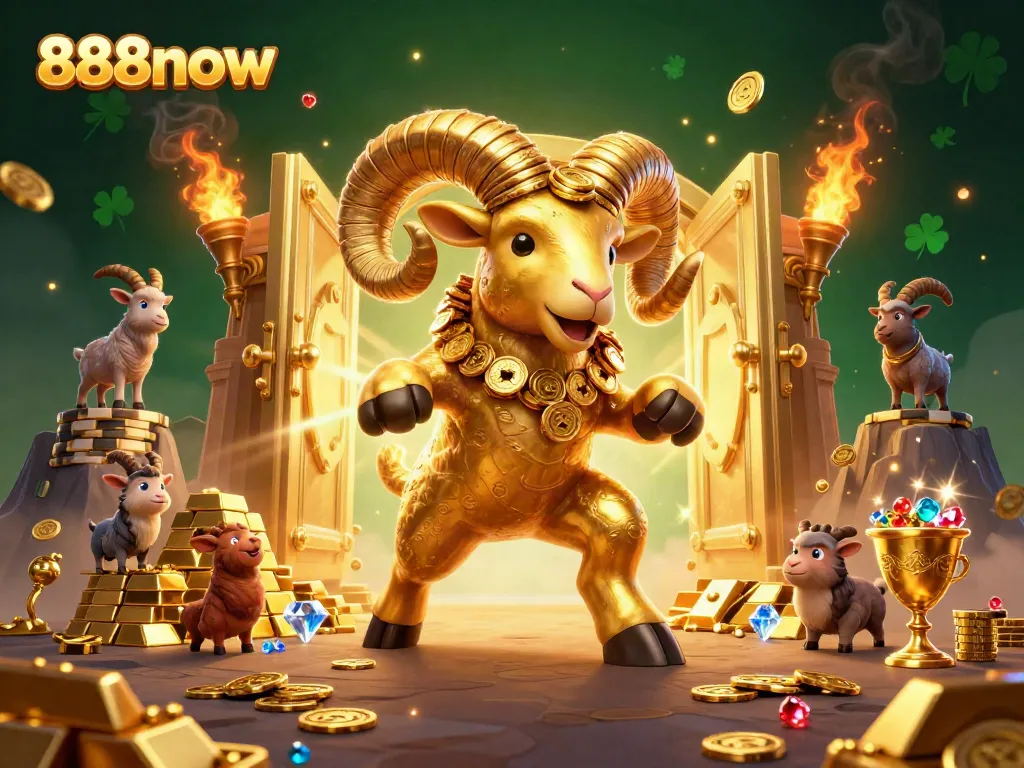 Engage in rewarding gaming with 888now's vibrant 3D illustration featuring golden rewards and adventure.