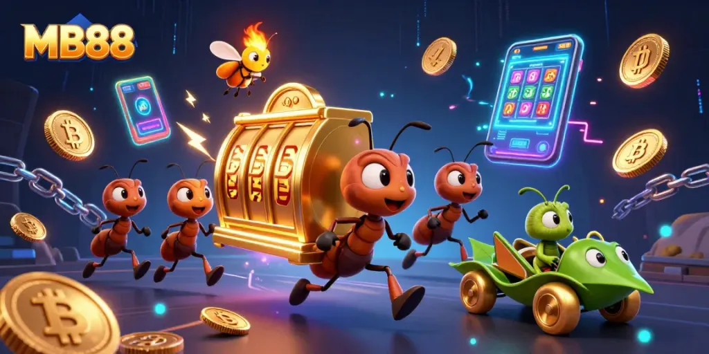 Engage with amazing MB88 slot machine heist featuring lively ants, crypto coins, and vibrant casino elements.