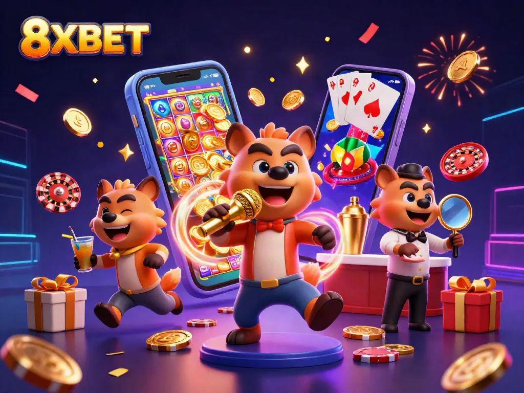Experience 8XBET's vibrant casino atmosphere with playful hyenas and thrilling games in a 3D scene.