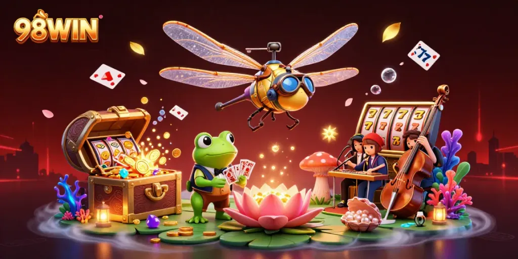 Experience the thrill of winning at 98WIN with vibrant characters and dynamic casino action.