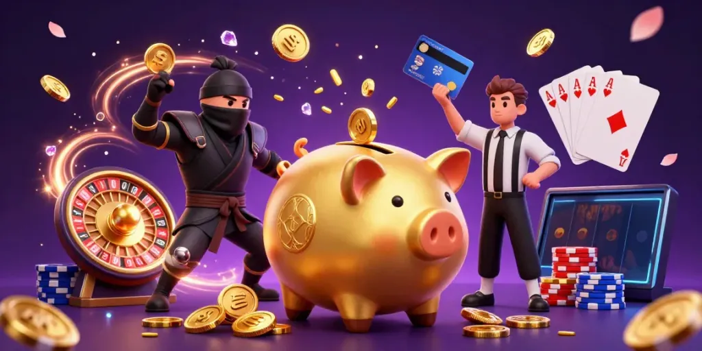 Engage with 8KBET's vibrant casino scene featuring characters and elements celebrating online gambling.