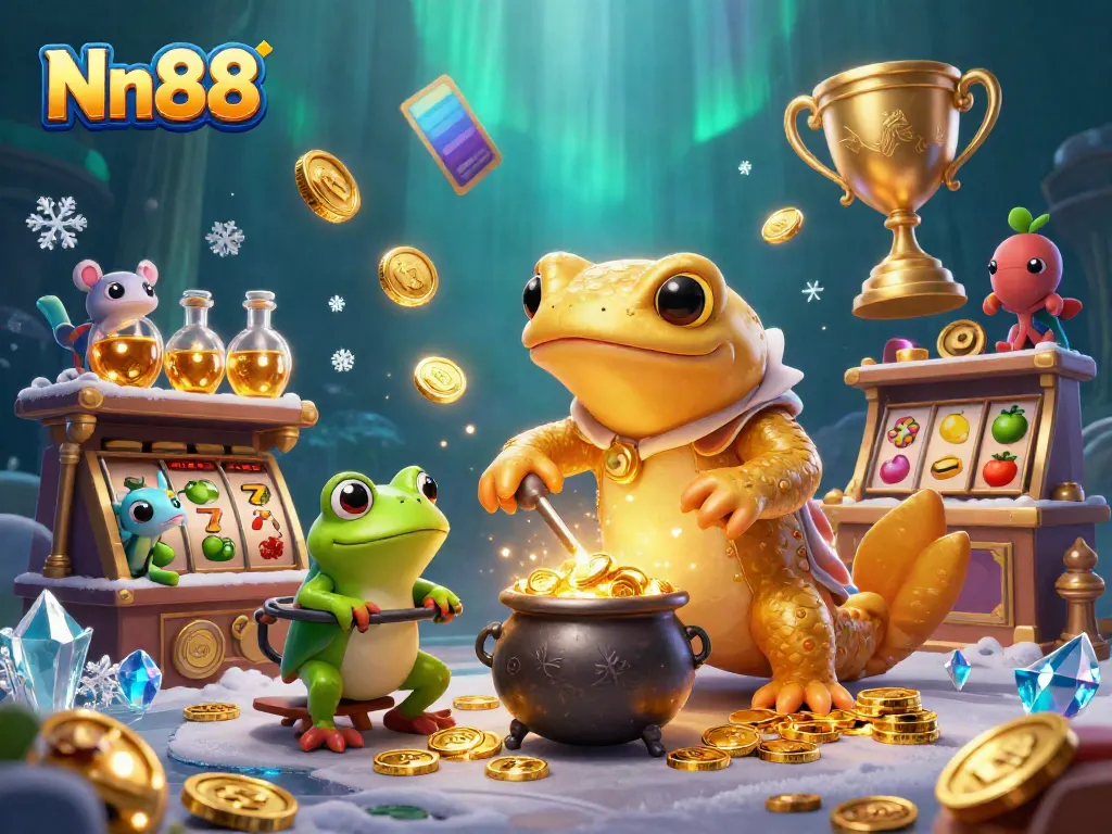 Nn88 offers a dynamic scene of a golden salamander alchemist transmuting coins with slot reels and a trophy
