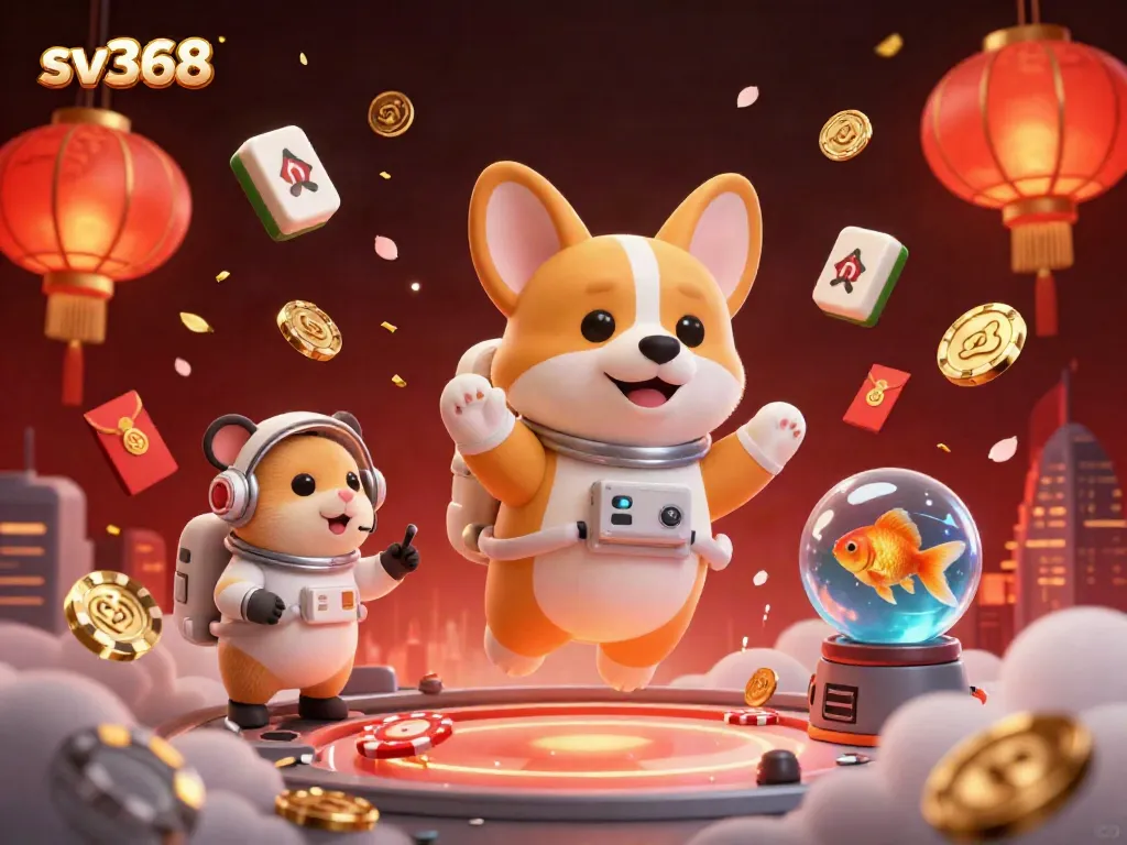 Experience an exciting sv368 casino adventure with a floating astronaut corgi and vibrant game elements in a zero-gravity space station.