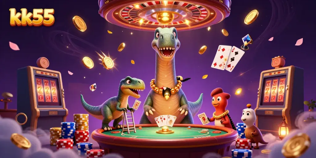 Experience thrilling gameplay with kk55 in this vibrant casino scene featuring playful characters.