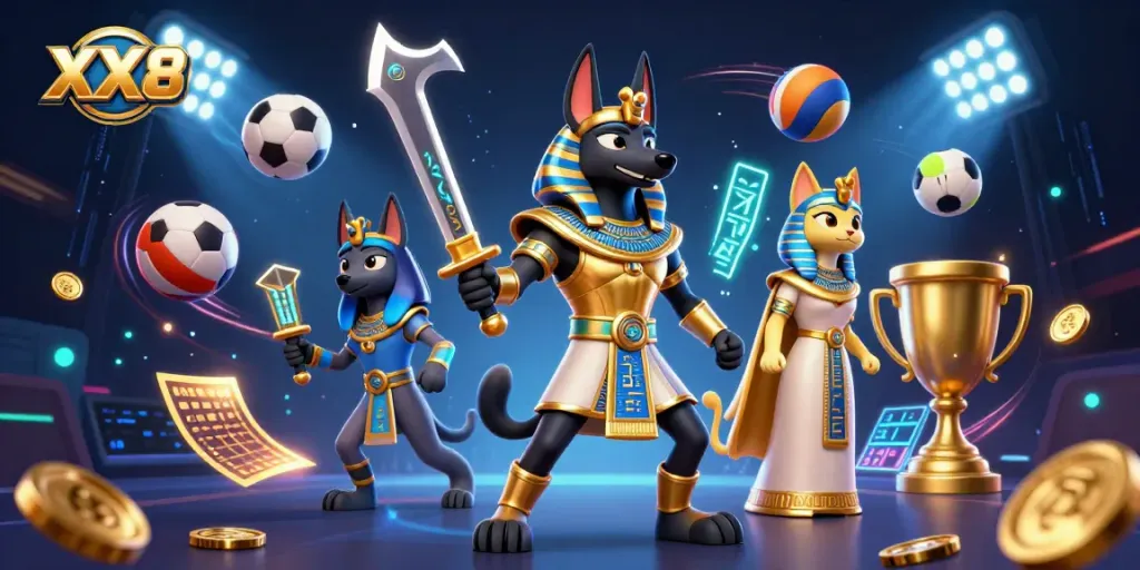 Engage in thrilling betting actions at XX8 with an energetic scene featuring Anubis and Bastet.