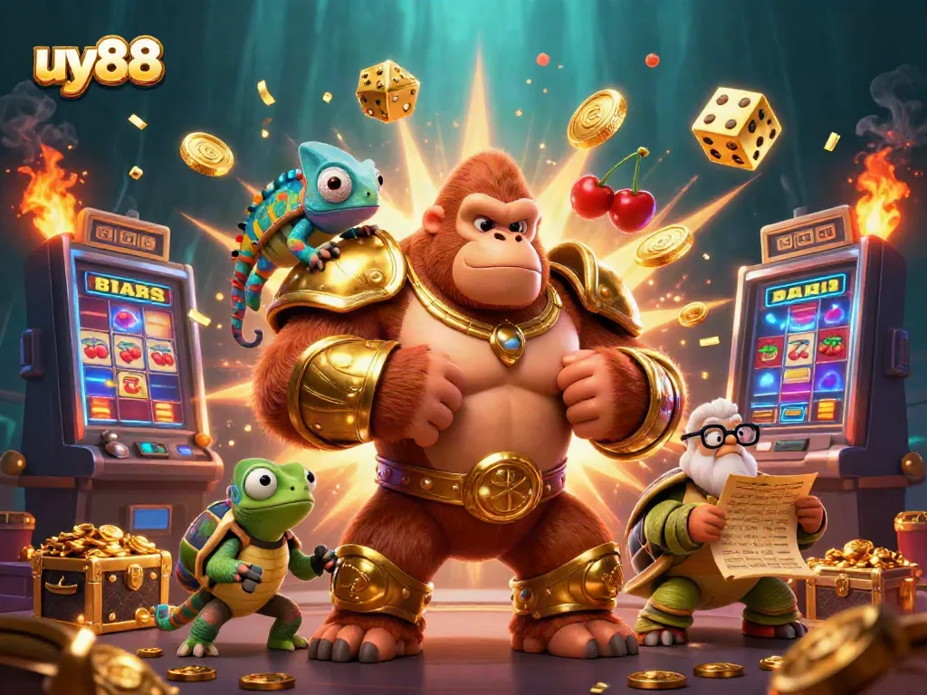 Experience the excitement of uy88 with a dynamic 3D scene featuring casino characters and slot machine elements
