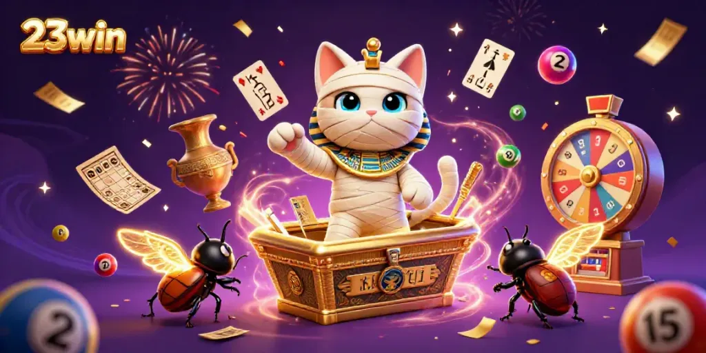Engage with 23win at a vibrant pyramid casino featuring a bursting Egyptian mummy cat and dynamic lottery elements.