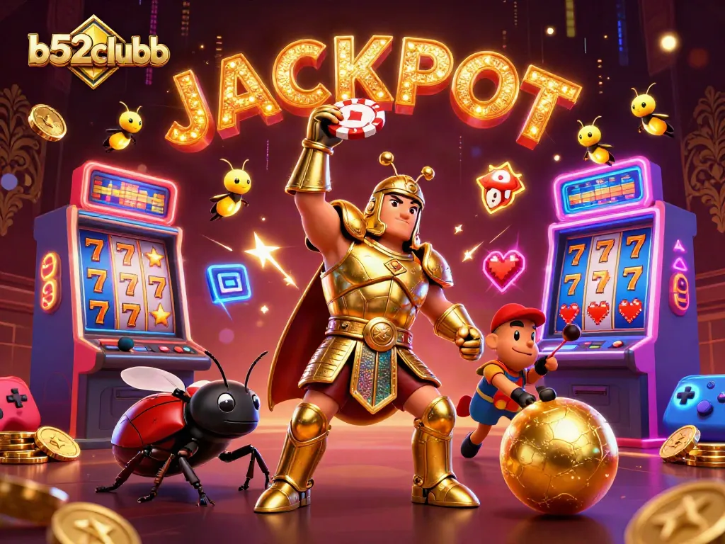 B52clubb captures excitement with a victorious beetle lifting a poker chip in a vibrant casino scene.