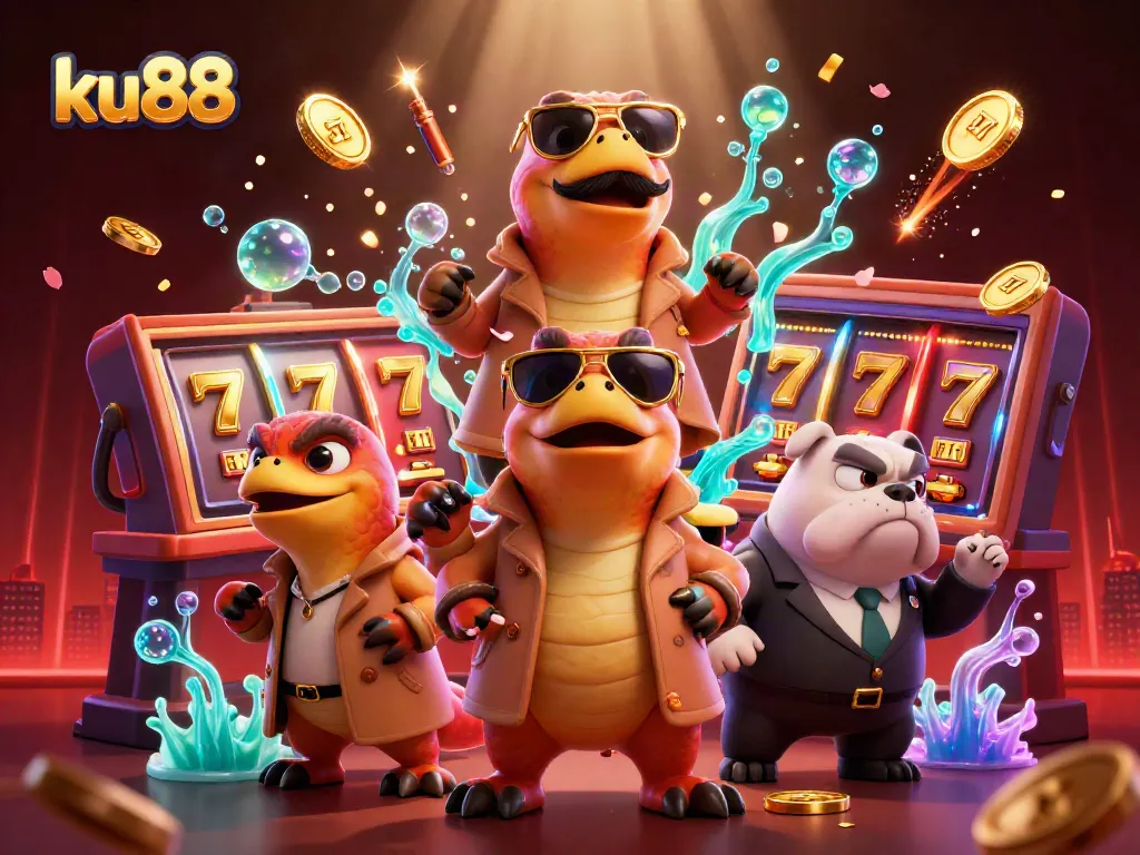 Engage in exciting casino action with ku88 as raptors hilariously attempt entry while surrounded by vibrant gaming elements.