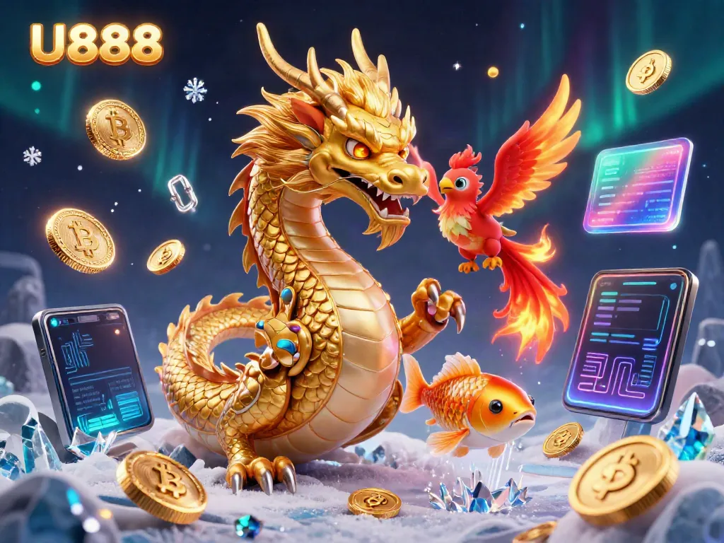 Engage in thrilling games at U888 with a dynamic 3D scene featuring a dragon, phoenix, and koi fish.
