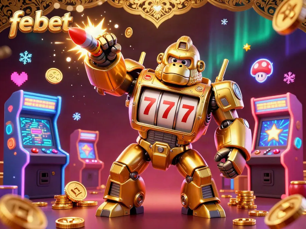 Experience thrilling gameplay at fe bet with a stunning golden gorilla mech, spinning slots, and vibrant game elements.