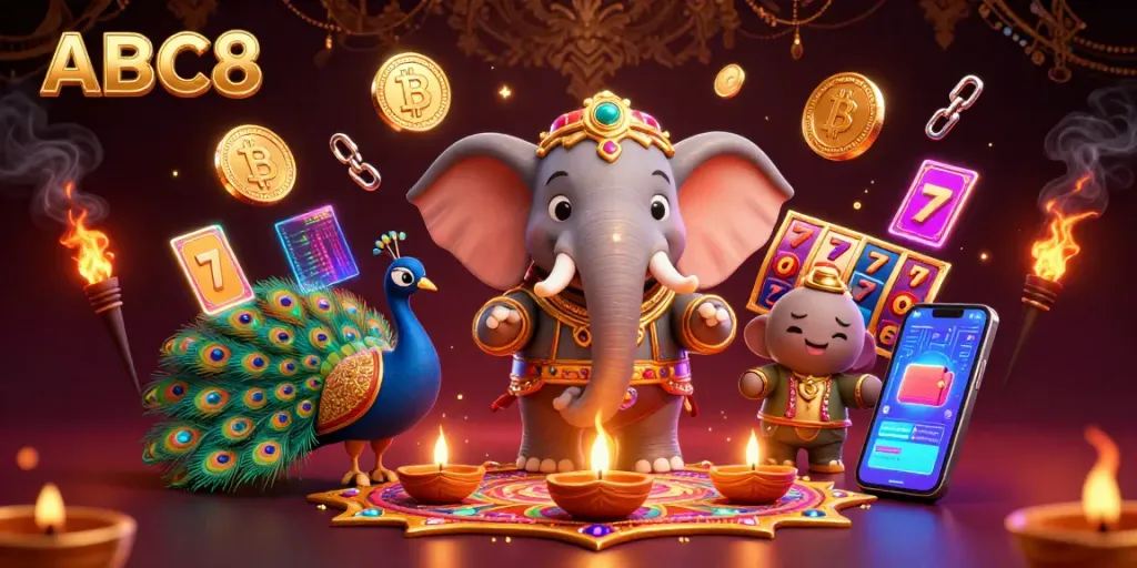 Experience thrilling gaming with ABC8's vibrant jackpot theme featuring 3D elephant and crypto elements.