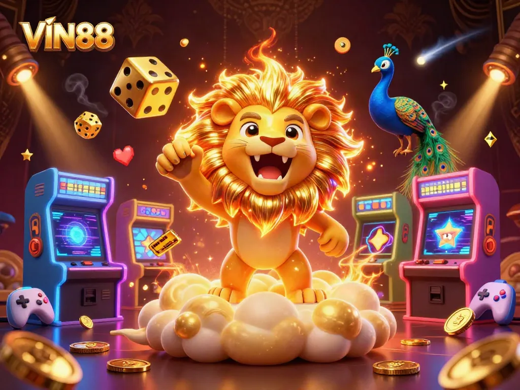 Enjoy thrilling gaming action at VIN88 with vibrant visuals of casino-themed elements and characters.