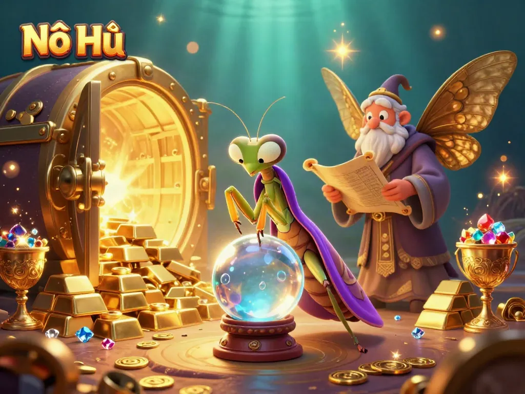 Nổ Hũ magic moment with a fortune teller and floating orbs, surrounded by treasures and casino elements