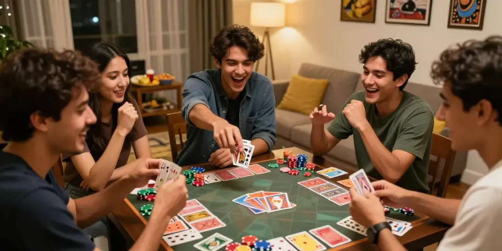 Group of friends enjoying 3 Patti no1 card game night with dynamic energy.