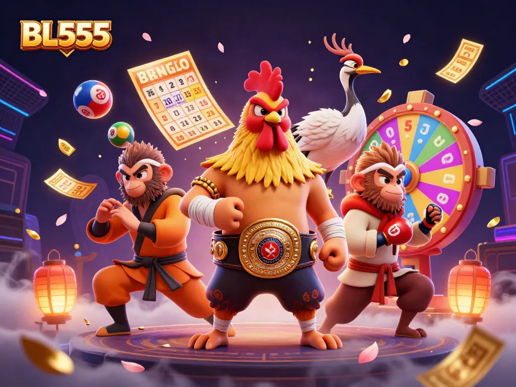 Experience winning gameplay at BL555 with festive lottery elements and dynamic characters.