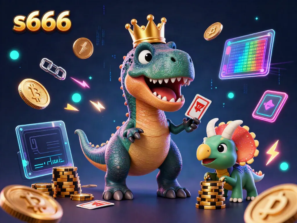 Experience the excitement of s666 with a playful T-Rex shuffling cards in a colorful casino scene.