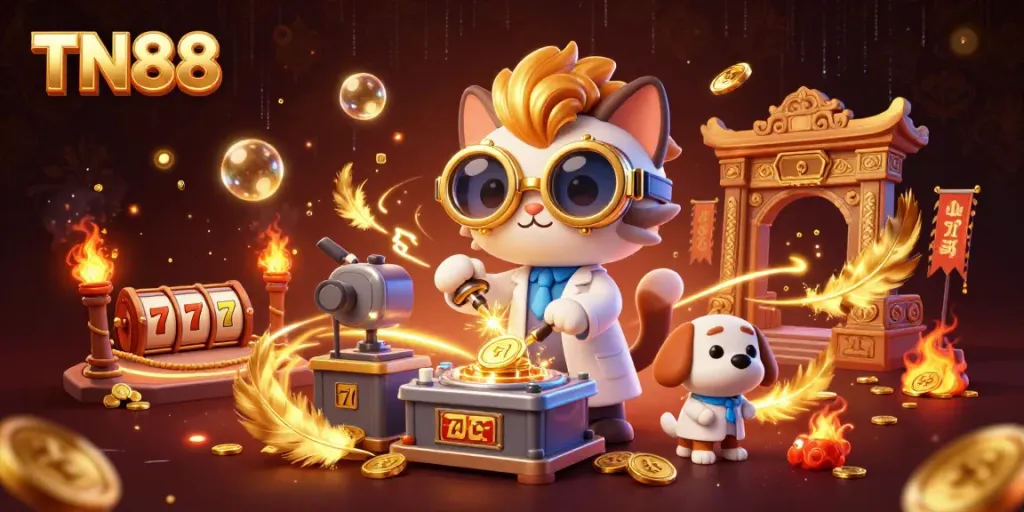 Intense TN88 casino scene with a scientist cat and dog creating riches amidst golden coins and slot reels.