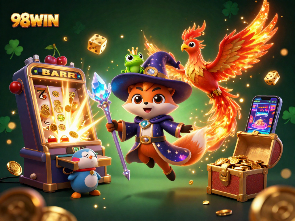 Engage with 98WIN’s magical gaming world featuring a mystical wizard fox, phoenix, and exciting casino elements.
