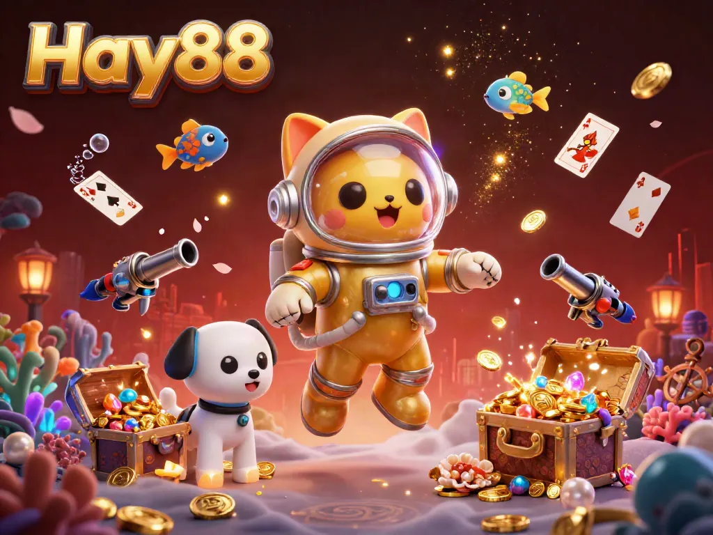 Engage in thrilling gameplay at Hay88 with a vibrant 3D scene depicting a cat astronaut and robotic dog in a cosmic setting.