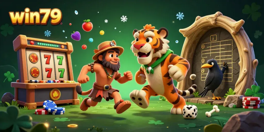 Experience win79 at a dynamic prehistoric gaming scene with vivid characters and casino elements.