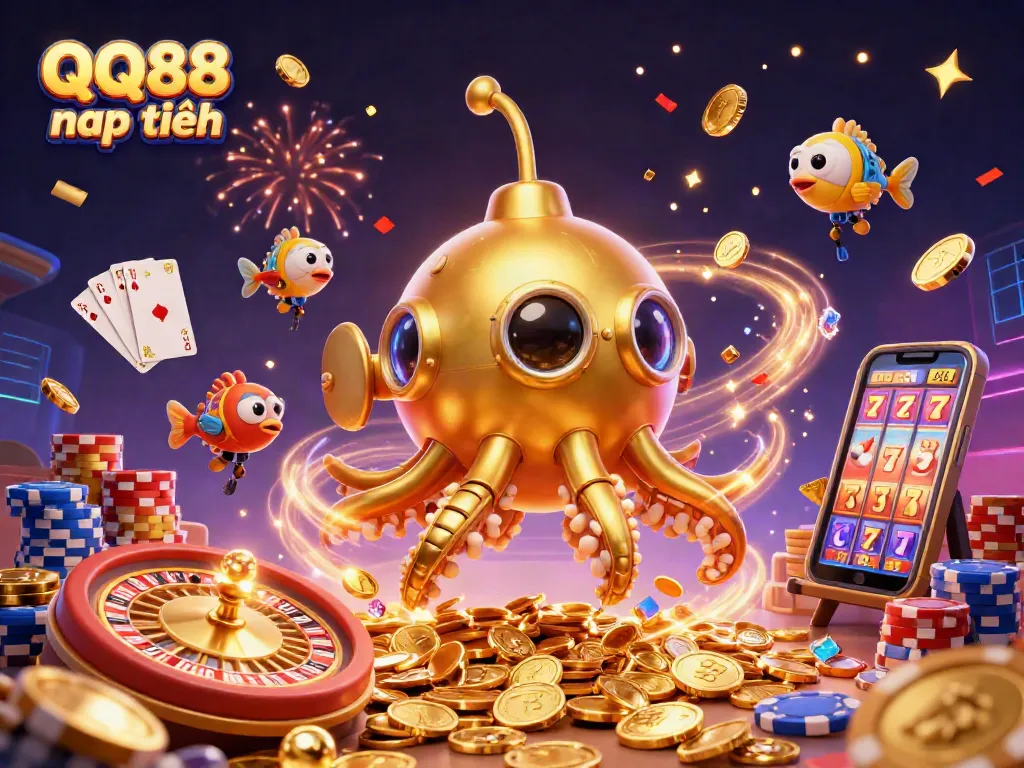 Engage with QQ88 nạp tiền through a vibrant 3D casino adventure filled with gold coins and winning elements.