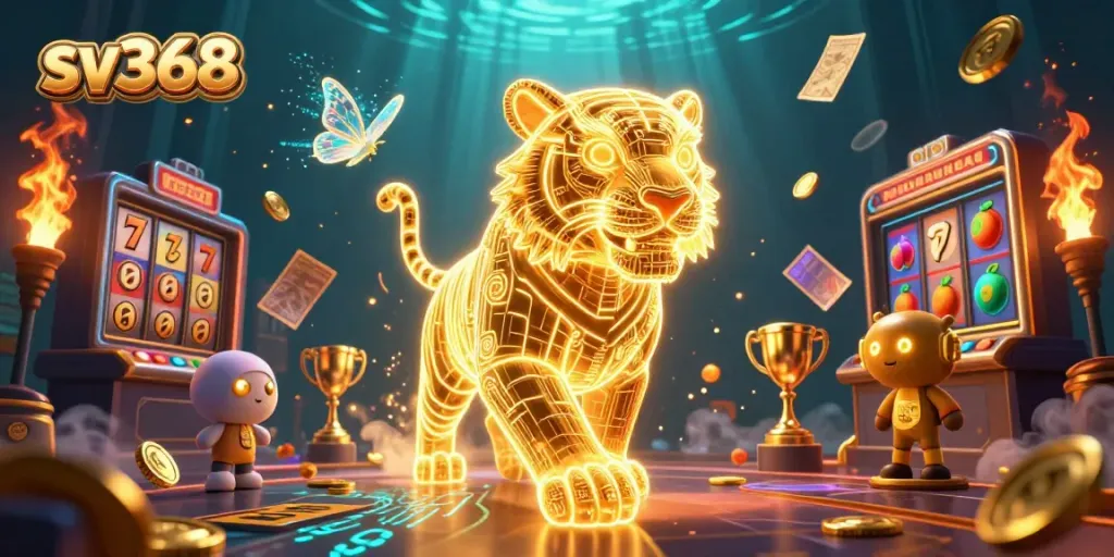 Experience thrilling wins at sv368 with a vibrant digital casino scene featuring a golden tiger and slot games.