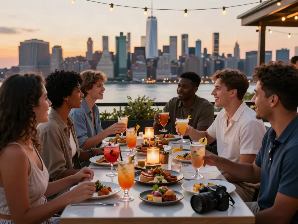 Guests enjoying cocktails at NoHu Rooftop Bar with NYC skyline backdrop