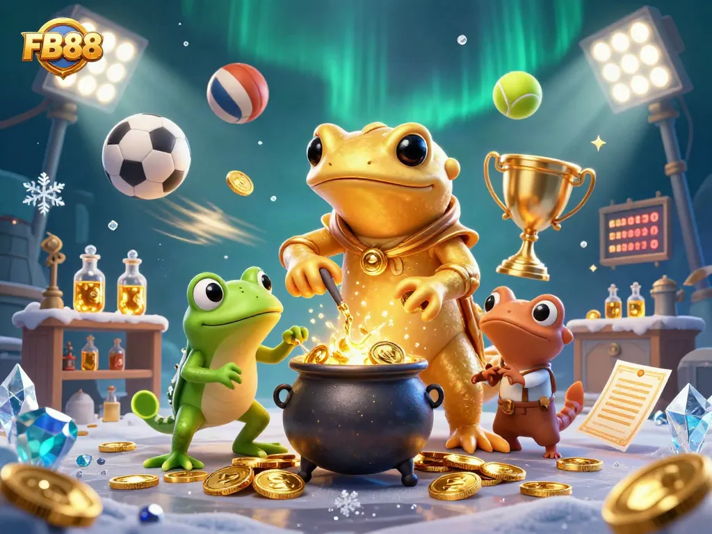 Bet on FB88 with a vibrant 3D illustration showcasing a golden salamander alchemist and immersive gambling elements.