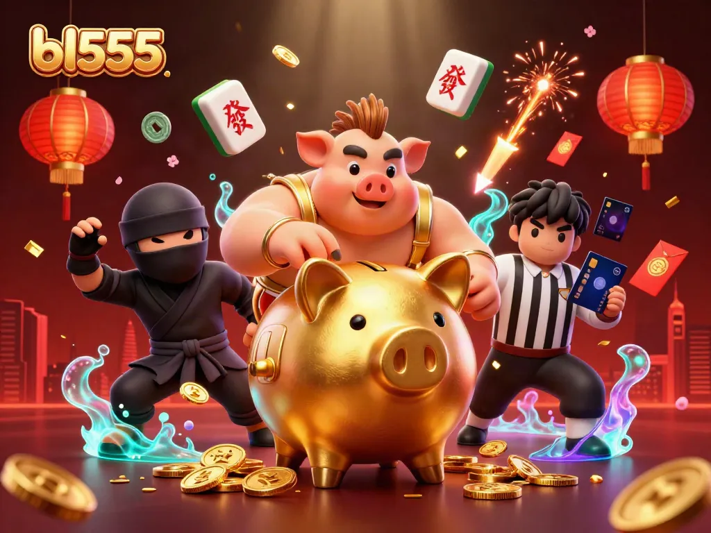 Experience thrilling gameplay with bl555, featuring a dynamic golden piggy bank sumo wrestler surrounded by vibrant casino elements.