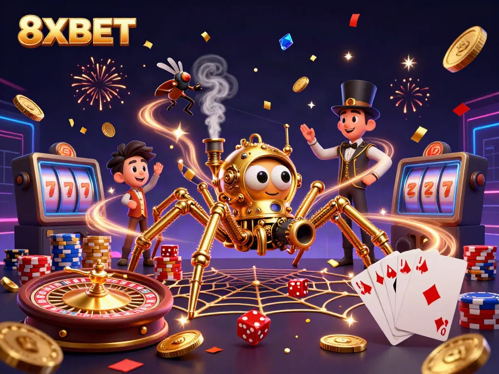 Engage with exciting 8XBET gaming scenes featuring a dynamic golden spider and Victorian gentleman.