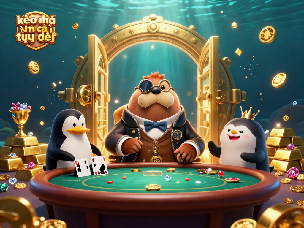 Experience kèo nhà cái trực tiếp with vibrant underwater poker scene featuring charming characters and glittering treasures.