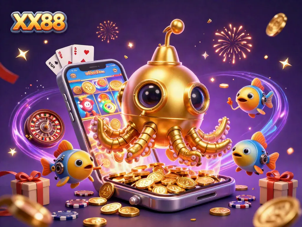 Engage with the exhilarating world of XX88, showcasing a golden kraken submarine amidst casino elements.