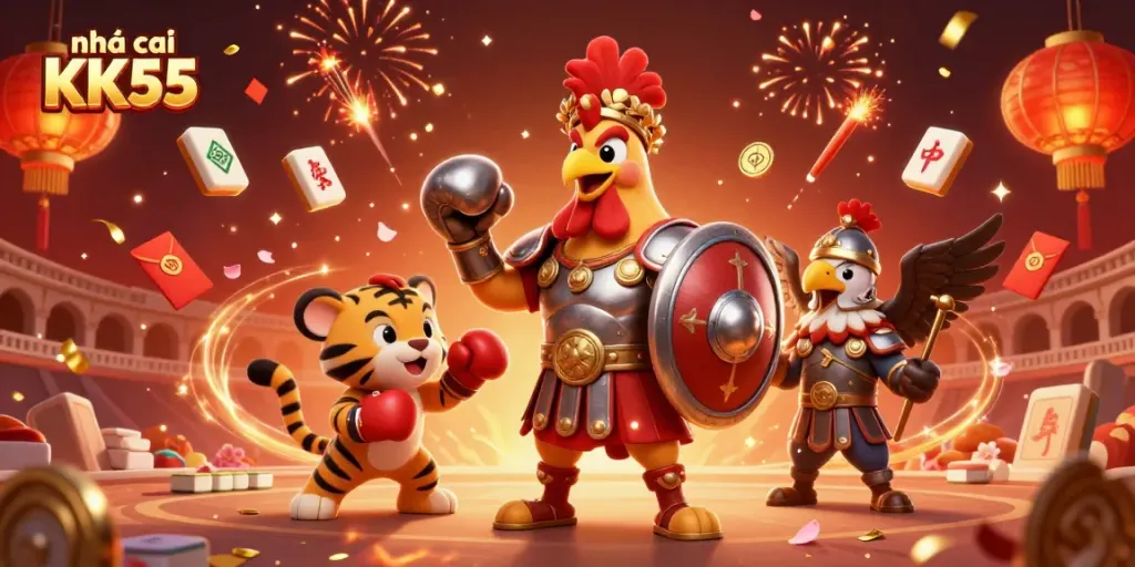 Engage with dynamic gaming action at Nhà cái KK55 featuring a rooster warrior and playful elements.