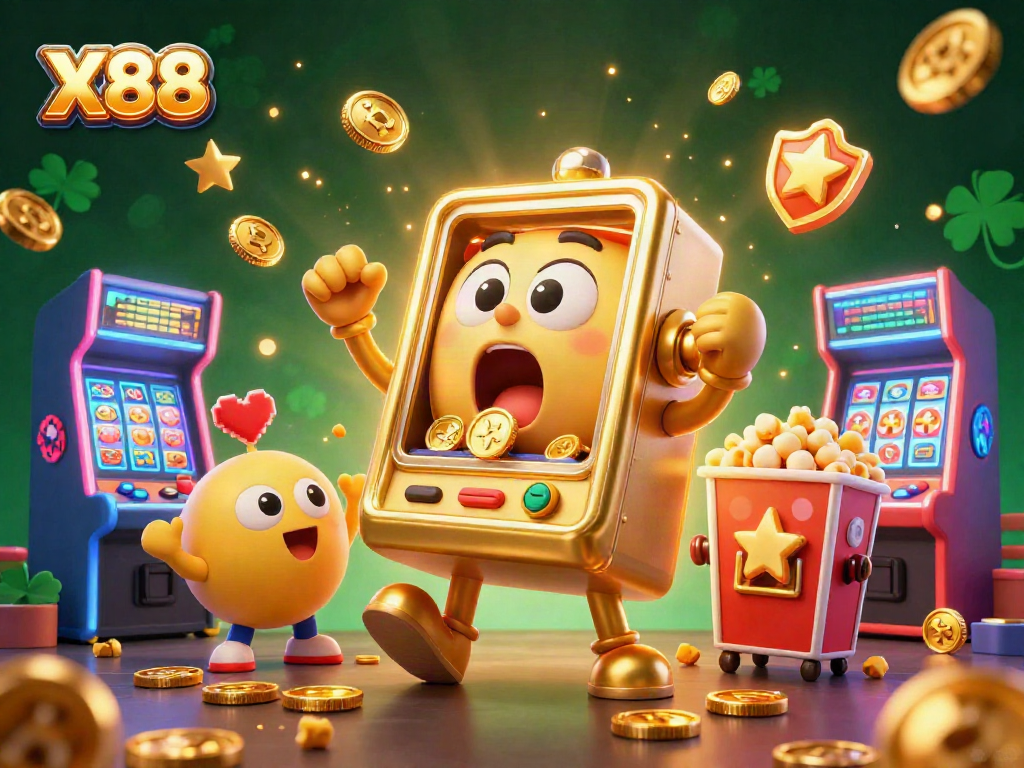 X88 captivates players with a cheerful slot machine celebrating its jackpot alongside vibrant game elements.