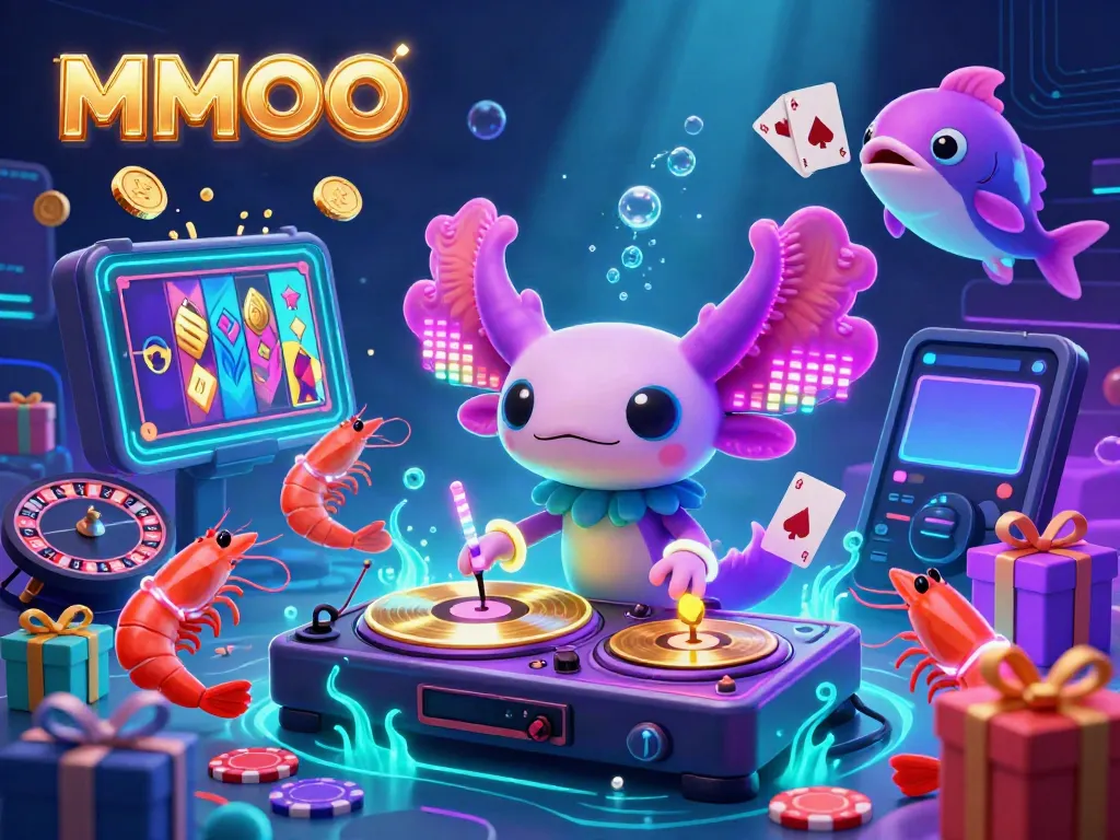 MMOO showcases a vibrant 3D casino scene with a neon axolotl DJ, shrimp dancers, and lively slot game elements.