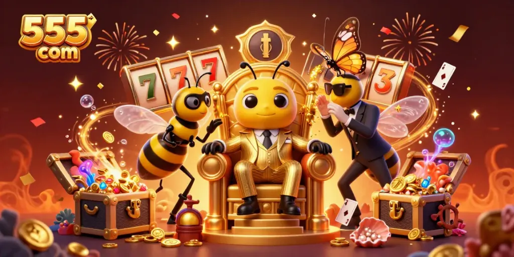 Engage in thrilling excitement with 555win com's vibrant casino scene featuring playful characters and gold treasure.