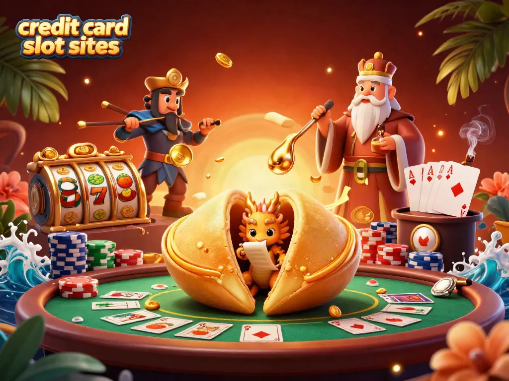 Engage with exciting credit card slot sites featuring a golden fortune cookie and vibrant gaming elements.