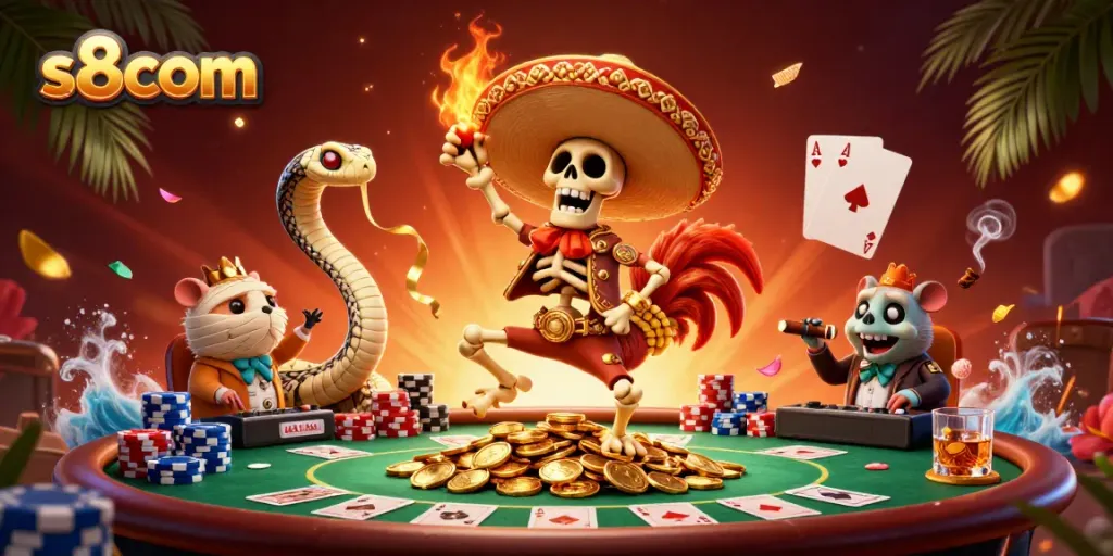 S8com showcases a vibrant casino scene with a dancing mariachi rooster, mummy snake, and DJ hamster.