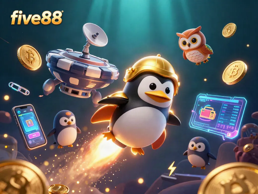 Experience winning excitement with five88, featuring a golden penguin and vibrant casino elements.