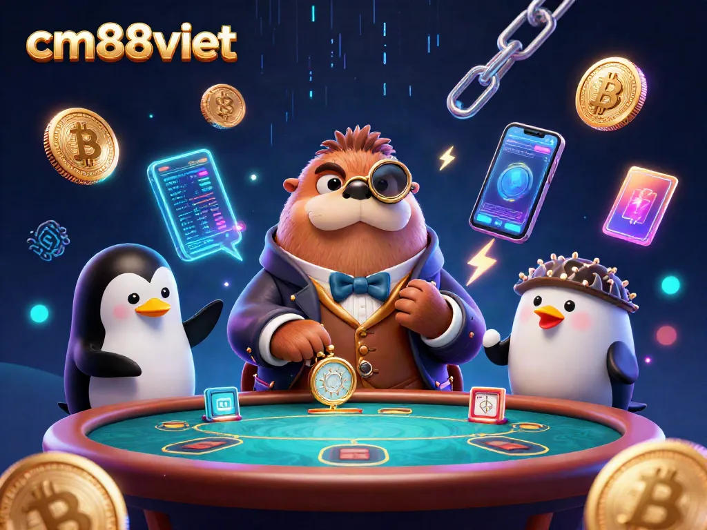 Join the exciting gaming scene at cm88viet with a walrus, penguin dealer, and pufferfish player in action.