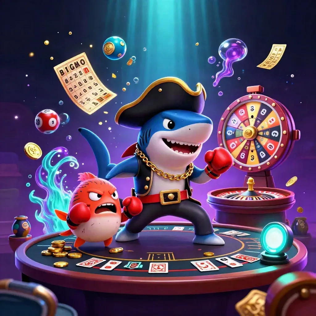 Shark pirate, boxing pufferfish, and juggling octopus amid neon casino magic and treasure.