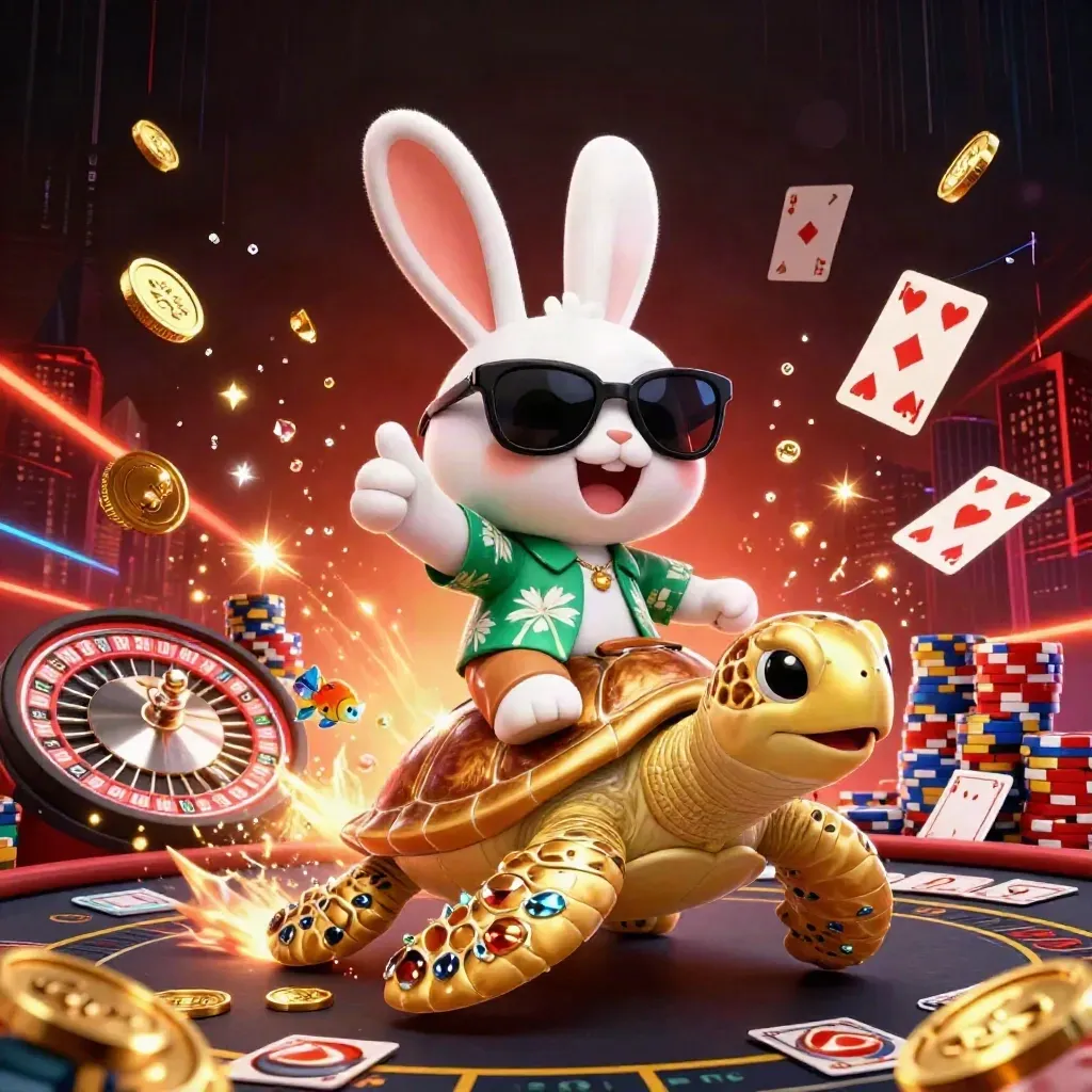 A lucky rabbit rides a golden sea turtle amid coins, cards, roulette, and neon casino magic.